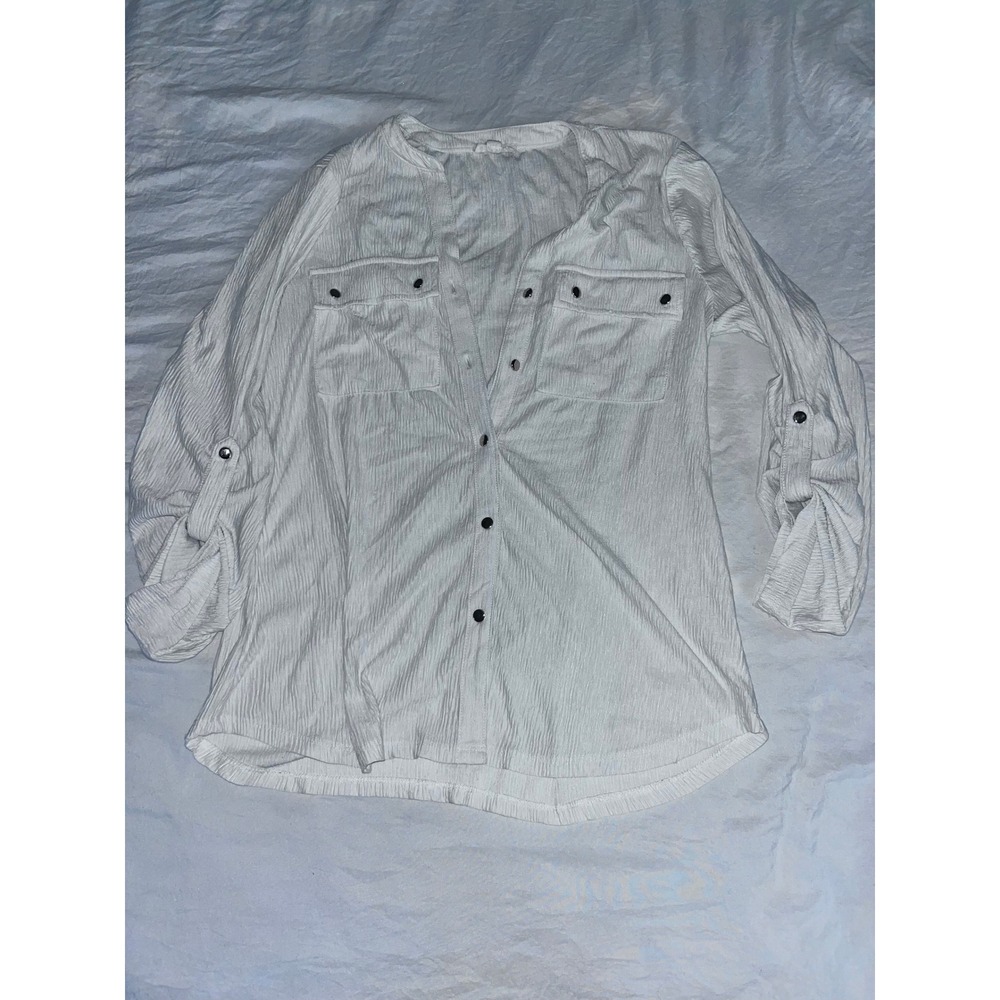 Como Blu White Button Down‎ Roll Tab Sleeve Top Blouse Womens Medium